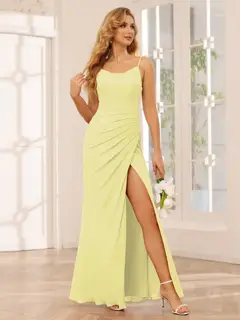 Sheath/Column Spaghetti Straps Sleeveless Floor-Length Bridesmaid Dresses with Split Side & Ruffles — view 69