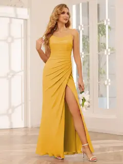Sheath/Column Spaghetti Straps Sleeveless Floor-Length Bridesmaid Dresses with Split Side & Ruffles — view 70