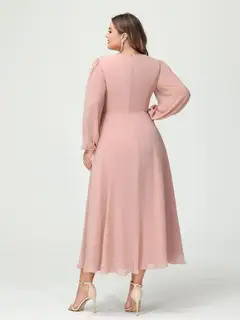 A-Line/Princess V-Neck Long Sleeves Chiffon Tea-Length Plus Size Bridesmaid Dresses with Pockets & Ruffles — view 2