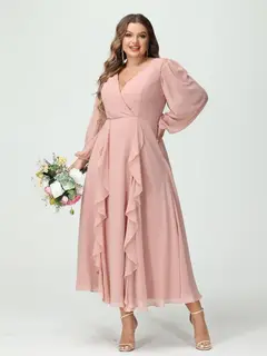 A-Line/Princess V-Neck Long Sleeves Chiffon Tea-Length Plus Size Bridesmaid Dresses with Pockets & Ruffles — view 3