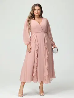 A-Line/Princess V-Neck Long Sleeves Chiffon Tea-Length Plus Size Bridesmaid Dresses with Pockets & Ruffles — view 4