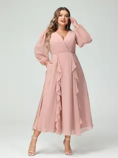 A-Line/Princess V-Neck Long Sleeves Chiffon Tea-Length Plus Size Bridesmaid Dresses with Pockets & Ruffles — view 5