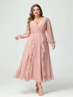 A-Line/Princess V-Neck Long Sleeves Chiffon Tea-Length Plus Size Bridesmaid Dresses with Pockets & Ruffles — view 6