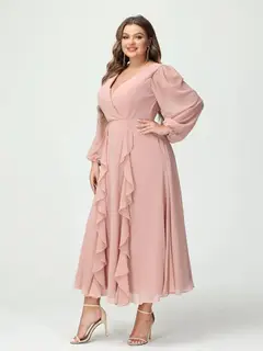 A-Line/Princess V-Neck Long Sleeves Chiffon Tea-Length Plus Size Bridesmaid Dresses with Pockets & Ruffles — view 7