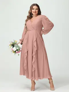 A-Line/Princess V-Neck Long Sleeves Chiffon Tea-Length Plus Size Bridesmaid Dresses with Pockets & Ruffles — view 8