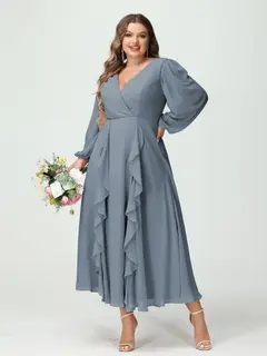 A-Line/Princess V-Neck Long Sleeves Chiffon Tea-Length Plus Size Bridesmaid Dresses with Pockets & Ruffles — view 9
