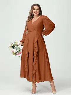 A-Line/Princess V-Neck Long Sleeves Chiffon Tea-Length Plus Size Bridesmaid Dresses with Pockets & Ruffles — view 10