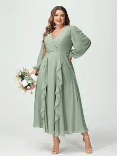 A-Line/Princess V-Neck Long Sleeves Chiffon Tea-Length Plus Size Bridesmaid Dresses with Pockets & Ruffles — view 11