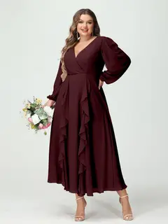 A-Line/Princess V-Neck Long Sleeves Chiffon Tea-Length Plus Size Bridesmaid Dresses with Pockets & Ruffles — view 13