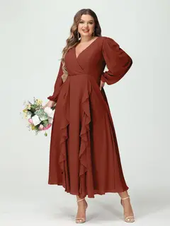 A-Line/Princess V-Neck Long Sleeves Chiffon Tea-Length Plus Size Bridesmaid Dresses with Pockets & Ruffles — view 14