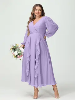 A-Line/Princess V-Neck Long Sleeves Chiffon Tea-Length Plus Size Bridesmaid Dresses with Pockets & Ruffles — view 15