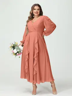 A-Line/Princess V-Neck Long Sleeves Chiffon Tea-Length Plus Size Bridesmaid Dresses with Pockets & Ruffles — view 16