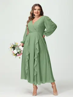 A-Line/Princess V-Neck Long Sleeves Chiffon Tea-Length Plus Size Bridesmaid Dresses with Pockets & Ruffles — view 17