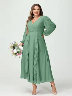 A-Line/Princess V-Neck Long Sleeves Chiffon Tea-Length Plus Size Bridesmaid Dresses with Pockets & Ruffles — view 18