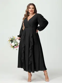 A-Line/Princess V-Neck Long Sleeves Chiffon Tea-Length Plus Size Bridesmaid Dresses with Pockets & Ruffles — view 19