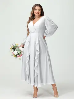 A-Line/Princess V-Neck Long Sleeves Chiffon Tea-Length Plus Size Bridesmaid Dresses with Pockets & Ruffles — view 20