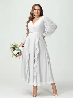 A-Line/Princess V-Neck Long Sleeves Chiffon Tea-Length Plus Size Bridesmaid Dresses with Pockets & Ruffles — view 21