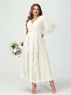 A-Line/Princess V-Neck Long Sleeves Chiffon Tea-Length Plus Size Bridesmaid Dresses with Pockets & Ruffles — view 22