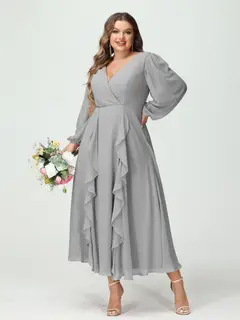 A-Line/Princess V-Neck Long Sleeves Chiffon Tea-Length Plus Size Bridesmaid Dresses with Pockets & Ruffles — view 23