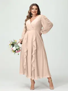 A-Line/Princess V-Neck Long Sleeves Chiffon Tea-Length Plus Size Bridesmaid Dresses with Pockets & Ruffles — view 24