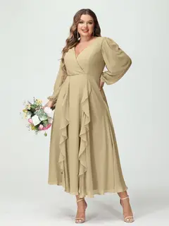 A-Line/Princess V-Neck Long Sleeves Chiffon Tea-Length Plus Size Bridesmaid Dresses with Pockets & Ruffles — view 25