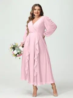 A-Line/Princess V-Neck Long Sleeves Chiffon Tea-Length Plus Size Bridesmaid Dresses with Pockets & Ruffles — view 26