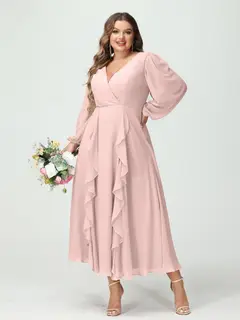 A-Line/Princess V-Neck Long Sleeves Chiffon Tea-Length Plus Size Bridesmaid Dresses with Pockets & Ruffles — view 27