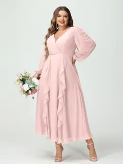 A-Line/Princess V-Neck Long Sleeves Chiffon Tea-Length Plus Size Bridesmaid Dresses with Pockets & Ruffles — view 28