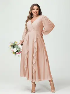 A-Line/Princess V-Neck Long Sleeves Chiffon Tea-Length Plus Size Bridesmaid Dresses with Pockets & Ruffles — view 29