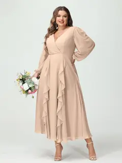 A-Line/Princess V-Neck Long Sleeves Chiffon Tea-Length Plus Size Bridesmaid Dresses with Pockets & Ruffles — view 30