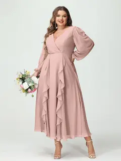 A-Line/Princess V-Neck Long Sleeves Chiffon Tea-Length Plus Size Bridesmaid Dresses with Pockets & Ruffles — view 31