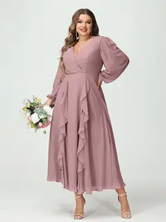 A-Line/Princess V-Neck Long Sleeves Chiffon Tea-Length Plus Size Bridesmaid Dresses with Pockets & Ruffles — view 32