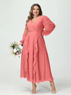 A-Line/Princess V-Neck Long Sleeves Chiffon Tea-Length Plus Size Bridesmaid Dresses with Pockets & Ruffles — view 33