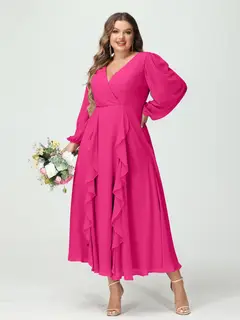 A-Line/Princess V-Neck Long Sleeves Chiffon Tea-Length Plus Size Bridesmaid Dresses with Pockets & Ruffles — view 34
