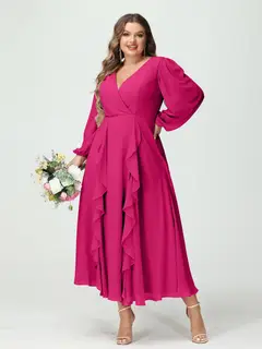 A-Line/Princess V-Neck Long Sleeves Chiffon Tea-Length Plus Size Bridesmaid Dresses with Pockets & Ruffles — view 35