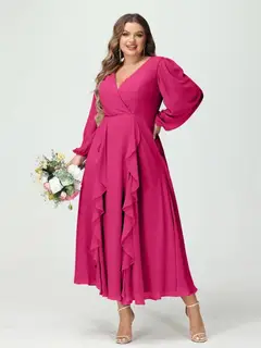 A-Line/Princess V-Neck Long Sleeves Chiffon Tea-Length Plus Size Bridesmaid Dresses with Pockets & Ruffles — view 36
