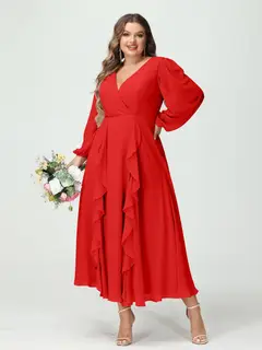 A-Line/Princess V-Neck Long Sleeves Chiffon Tea-Length Plus Size Bridesmaid Dresses with Pockets & Ruffles — view 37