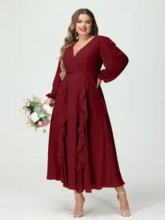 A-Line/Princess V-Neck Long Sleeves Chiffon Tea-Length Plus Size Bridesmaid Dresses with Pockets & Ruffles — view 38
