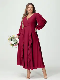 A-Line/Princess V-Neck Long Sleeves Chiffon Tea-Length Plus Size Bridesmaid Dresses with Pockets & Ruffles — view 39