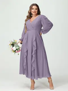 A-Line/Princess V-Neck Long Sleeves Chiffon Tea-Length Plus Size Bridesmaid Dresses with Pockets & Ruffles — view 40
