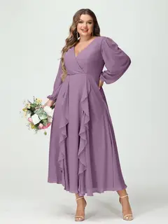 A-Line/Princess V-Neck Long Sleeves Chiffon Tea-Length Plus Size Bridesmaid Dresses with Pockets & Ruffles — view 41