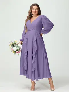 A-Line/Princess V-Neck Long Sleeves Chiffon Tea-Length Plus Size Bridesmaid Dresses with Pockets & Ruffles — view 42