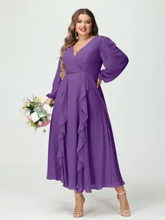 A-Line/Princess V-Neck Long Sleeves Chiffon Tea-Length Plus Size Bridesmaid Dresses with Pockets & Ruffles — view 43