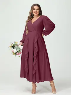 A-Line/Princess V-Neck Long Sleeves Chiffon Tea-Length Plus Size Bridesmaid Dresses with Pockets & Ruffles — view 44