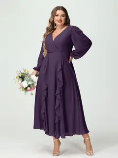 A-Line/Princess V-Neck Long Sleeves Chiffon Tea-Length Plus Size Bridesmaid Dresses with Pockets & Ruffles — view 46
