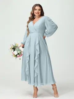 A-Line/Princess V-Neck Long Sleeves Chiffon Tea-Length Plus Size Bridesmaid Dresses with Pockets & Ruffles — view 48