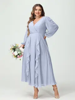 A-Line/Princess V-Neck Long Sleeves Chiffon Tea-Length Plus Size Bridesmaid Dresses with Pockets & Ruffles — view 49