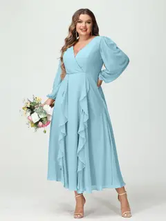 A-Line/Princess V-Neck Long Sleeves Chiffon Tea-Length Plus Size Bridesmaid Dresses with Pockets & Ruffles — view 50