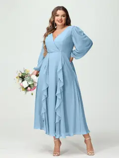 A-Line/Princess V-Neck Long Sleeves Chiffon Tea-Length Plus Size Bridesmaid Dresses with Pockets & Ruffles — view 51