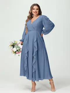 A-Line/Princess V-Neck Long Sleeves Chiffon Tea-Length Plus Size Bridesmaid Dresses with Pockets & Ruffles — view 52